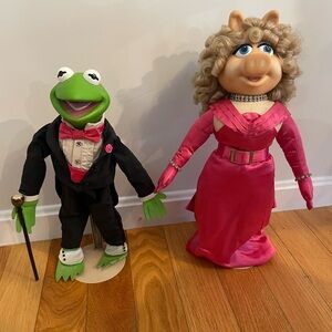 Vintage 90’s Miss Piggy Material Girl & Kermit in Tux Dolls & Stands Jim Henson